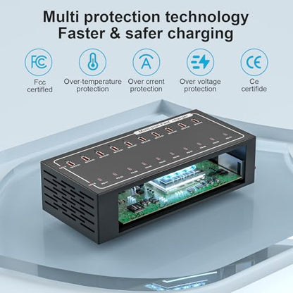 20-Port Fast Charging Station 400W, USB C and USB A Charger Dock with Smart Power Distribution Technology，for Multiple Devices, PD/QC Fast Charging Support