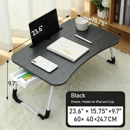 Home Office Lap Desk with Storage Drawer, Cup and Phone Holder, Laptop Bed Tray Table, 23.6" Foldable Desk, Laptop Stand for Breakfast, Working, Writing, Gaming and Drawing - color: Black