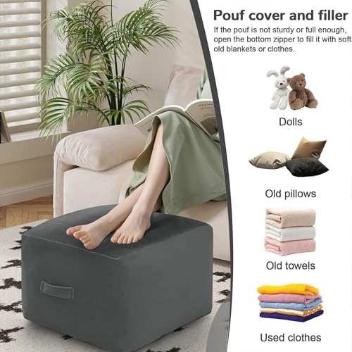 MeMoreCool Square Stuffed Pouf Ottoman Foot Rest, Floor Pouf Foot Stool with Foam Chunk Filling, Soft Stuffed Ottoman Footrest for Living Room, Dark Grey - color: Striped Dark Grey