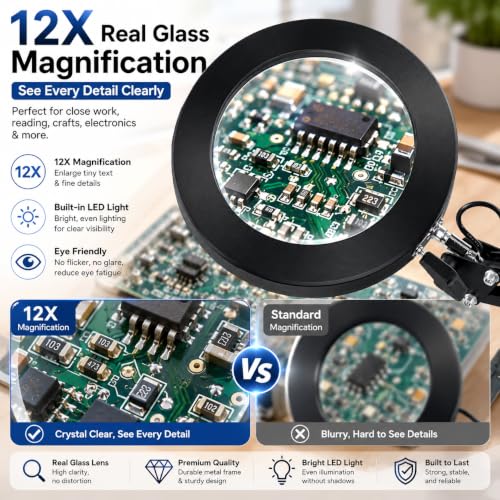 2-in-1 12X Magnifying Lamp with Light, Clamp Desk Magnifier LED