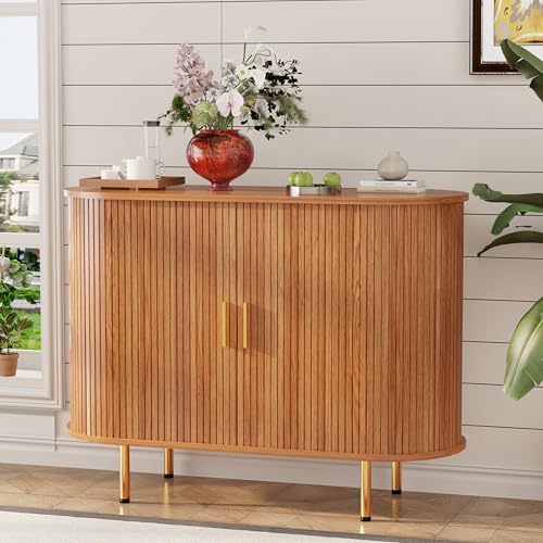 DHH Sideboard Buffet Cabinet with Storage,Mid Century Modern Fluted Accent Coffee Bar Console Table,Tambour Sliding Doors& Adjustable Shelf for Kitchen, Living Room, Entryway (Yellow walnut40 Inch) - color: Yellow Walnut, size: 40 Inch