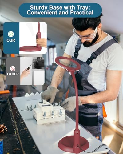 12X Magnifying Glass with Light and Stand, Real Glass, LED 5 Color Modes, Brightness Stepless Dimming Lighted Magnifier Hands Free, Flexible Gooseneck Desk Lamp with Clamp for Close Work, Craft, Red - color: Red