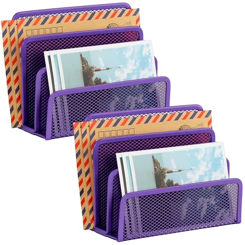 Desk Mail Organizer, Office Small Desktop Metal Mesh Envelope Letter Sorter Paper File Holder Organizer with 3 Vertical Upright Compartments, Purple 2 Pack - color: Purple, size: 2 Pack