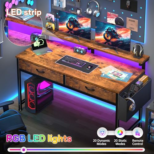 DurayLoly Gaming Desk with 2Drawers & LED Lights,Space Saving,Rustic Brown - color: Brown, size: 47.3 Inch
