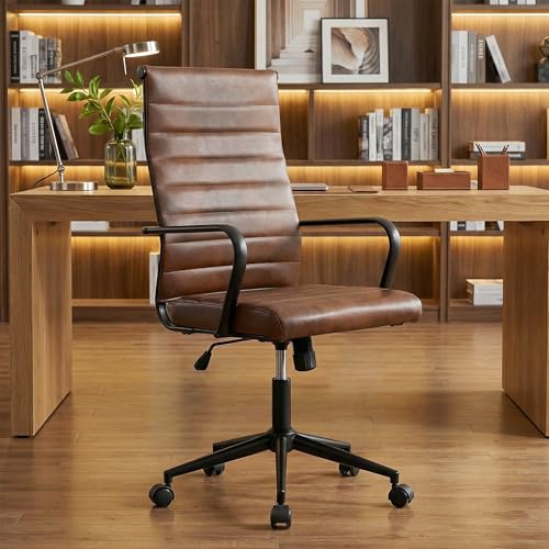 Okeysen Genuine Leather Office Desk Chair, Mid-Century Modern Real Leather Conference Room Chairs, Ergonomic Executive Ribbed Height Adjustable Swivel Rolling Chair for Home Office. - color: Genuine Brown