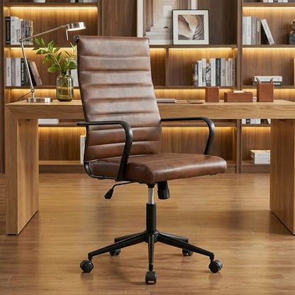 Okeysen Genuine Leather Office Desk Chair, Mid-Century Modern Real Leather Conference Room Chairs, Ergonomic Executive Ribbed Height Adjustable Swivel Rolling Chair for Home Office. - color: Genuine Brown