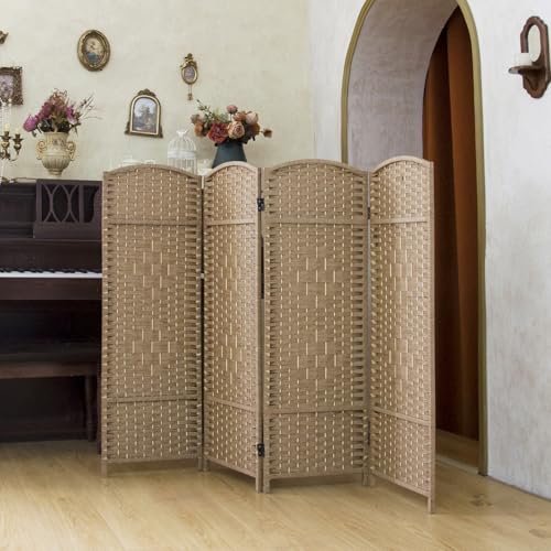 Compact 4 Panel Short Room Divider, 47.2 Inch Tall Double-Sided Rattan Folding Privacy Screen for Home & Office,Light Brown - color: Light Brown, size: 4 Panel