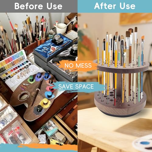360° Rotating Hardwood Paint Brush Holder, Artist Desktop Storage Organizer - color: brown（52 Holes）
