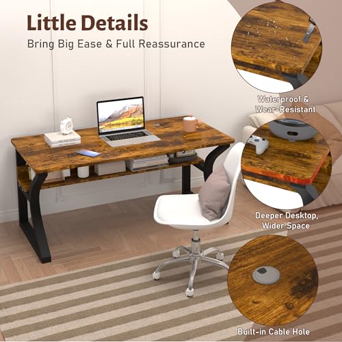 Oraspala﻿ Computer Desk 47 Inch Large Comouter Desk Home Office Desks with Storage Shelf Working Desk with Stable C-Shaped Legs Spacious Desktop for Home Office Gaming & Study (Brown, 47inch)