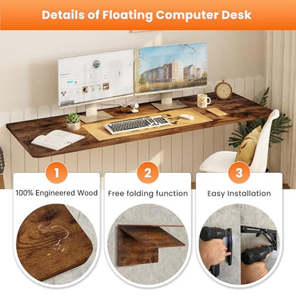 IAE Wall Mount Folding Desk,Floating Computer Desk for Small Spaces,Rustic | 55x22in engineered wood desktop with metal brackets, folds flat to save space in home office, apartment and laundry room - color: Rustic, size: 55"*22"