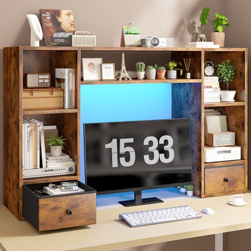 REIBII 47.2" Desktop Bookshelf, 6 Shelves & 2 Drawers, LED Lights, Brown - color: Rustic Brown