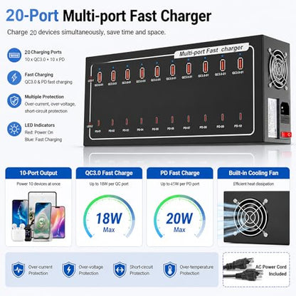 20-Port Fast Charging Station 400W, USB C and USB A Charger Dock with Smart Power Distribution Technology，for Multiple Devices, PD/QC Fast Charging Support
