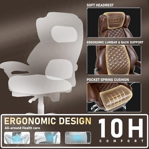 500 lbs Office Chair with Foot Rest, Reclining Executive Chair Brown | Big & Tall Computer Desk Chair, PU Ergonomic Lumbar Support, Thicker Pocket Spring Cushion, High Back - color: Brown