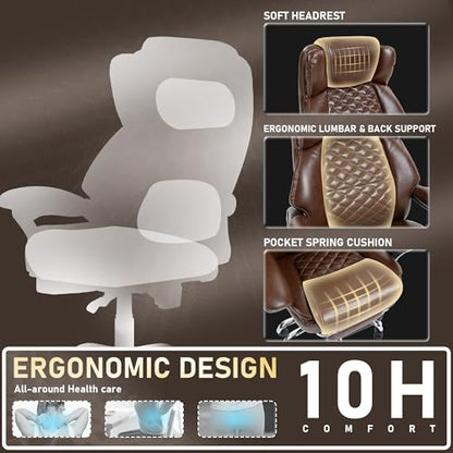 500 lbs Office Chair with Foot Rest, Reclining Executive Chair Brown | Big & Tall Computer Desk Chair, PU Ergonomic Lumbar Support, Thicker Pocket Spring Cushion, High Back - color: Brown
