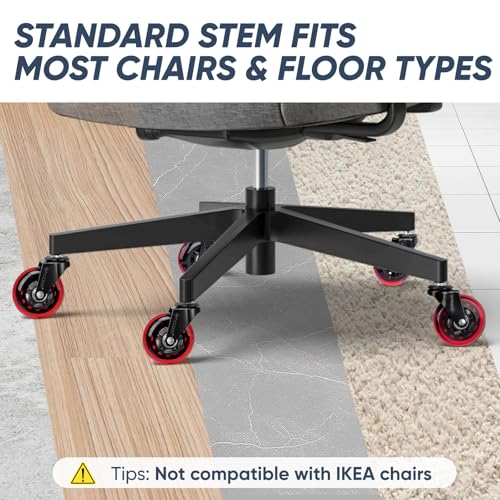 TICONN Office Chair Caster Wheels Set of 5 for Tile, Hardwood Floors and Carpets, Universal Fit for Most Chairs (Red) - style: Red