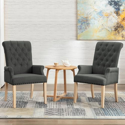 LOULENS Linen Dining Chair with Arms, Tufted Dining Room Chairs, Dark Grey | Solid Wood Legs, Nailhead Trim, Accent Chair, Kitchen Chair - color: Dark Grey-a, size: 1 PCS