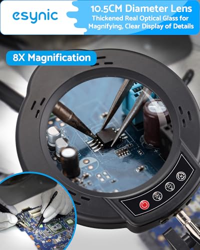 eSynic 10X Magnifying Glass with 84 LED Lights&4.2 Inch Large Len 2-in-1 Clamp&Stand Desk Magnifier Lamp-10 Brightness Levels-5 Color Modes for Crafts Reading Repair[HD Glass Lens Not Acrylic]