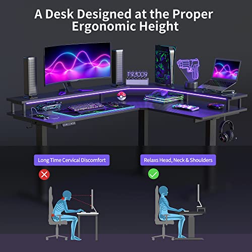 FEZIBO 63"x49" L Shaped Standing Desk with LED Strip & Power Outlets, Height Adjustable Sit Stand Corner Computer Desk with Ergonomic Monitor Stand, Black Top/Black Frame