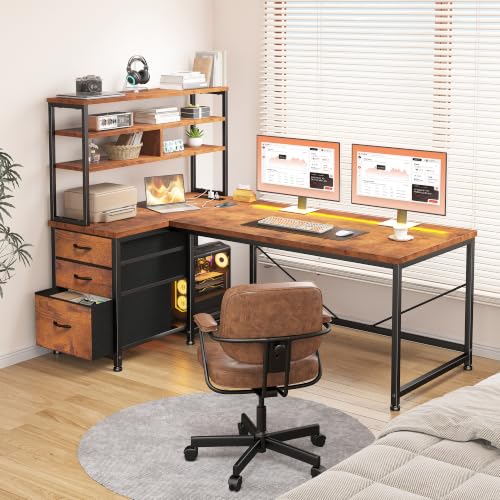 DurayLoly Computer Desk with 3 Drawers & Shelf for Bedroom & Home Office - color: Brown, size: 18.9"D x 47.2"W x 59"H