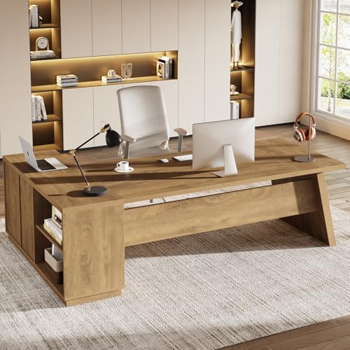 Tribesigns 78" L-Shaped Executive Desk, Large Modern Office Desk with Drawers and Lateral File Cabinet, Business Furniture with Storage Shelves, Big Computer Table for Home Office (Brown) - color: Brown
