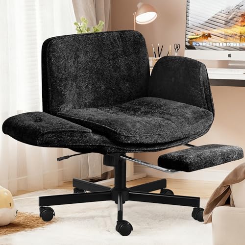 Criss Cross Chair with Footrest & 5 Level Folding Arms Full Relaxation, Wide Cross Legged Office Chair for Home Office, Comfy Swivel Desk Chair with Ottoman, Chenille Vanity Chair (Black) - color: Black, style: With Footrest
