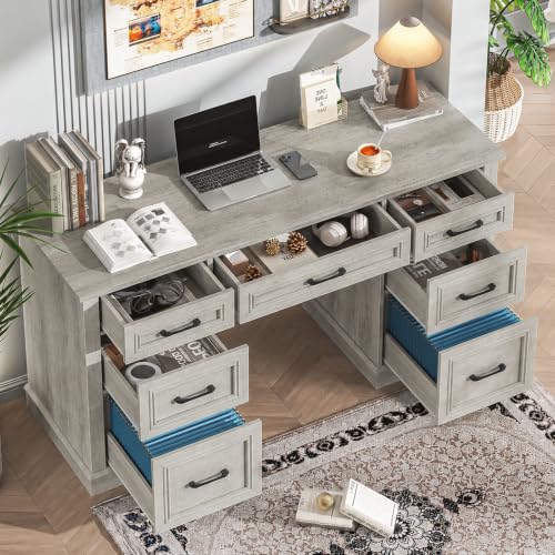 Vabches Farmhouse 59'' Executive Desk with File Drawers, Grey - color: Grey, size: 59" W