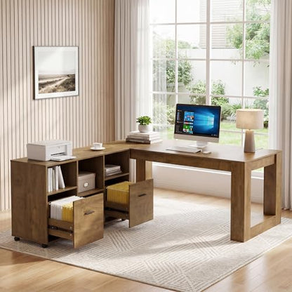 Tribesigns 63-Inch Computer Desk with Rolling File Cabinet, Wood Executive L Shaped Desk, Farmhouse 2 Piece Home Office Set with Drawers for Hanging File and Storage Shelves for Work, Sturdy, Gaming