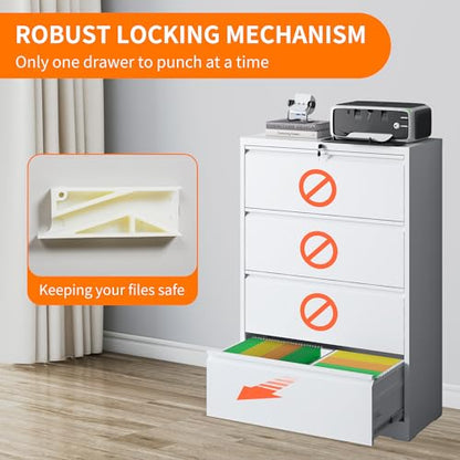 4 Drawer Lateral File Cabinet with Lock,White Metal Filing Cabinet - color: White, size: 52.3"H-4 drawers
