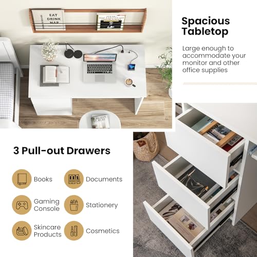 Tangkula White Desk with 3 Storage Drawers & Built-in Charging Station, Home Office Desk with Keyboard Tray, PC Desk Study Writing Table, Vanity Table for Bedroom, Computer Workstation (White) - color: White