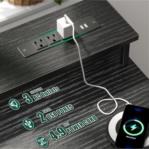 Korfile 55 Inch Gaming Computer Desk with Power Outlets,LED,5 Drawers,Black - color: Black, size: 55 Inch