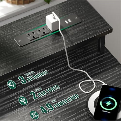 Korfile 55 Inch Gaming Computer Desk with Power Outlets,LED,5 Drawers,Black - color: Black, size: 55 Inch