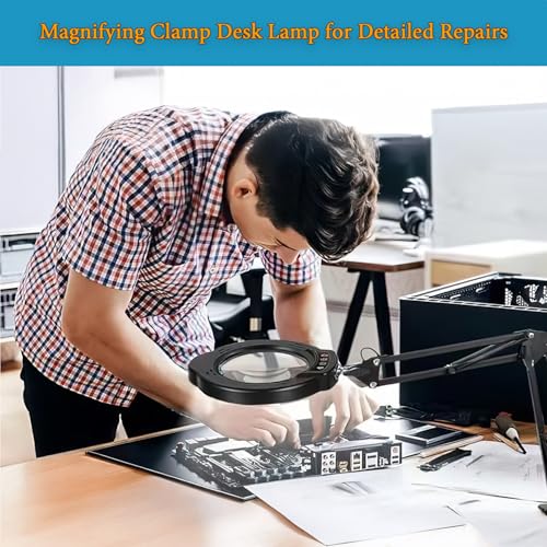15X Magnifying Glass Desk Lamp with Metal Base, 5 Color Modes 10 Levels Adjustable Brightness, 360° Rotatable Flexible Aluminum Arms – Ideal for Reading, Crafting, Close Work, Eye-Caring Table Lamp