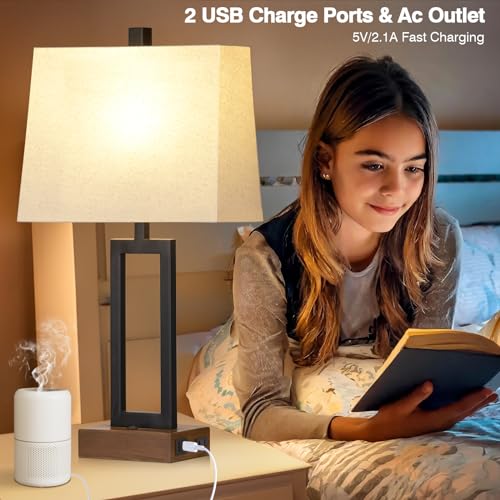Lolikit Table Lamp for Bedroom Set of 2 with 2 USB Ports and AC Power Outlet, 23.5" Modern Bedside Lamp, Wood Nightstand Lamp with Linen Shade for Living Room Hotel Desk(LED Bulb Included) - color: Black