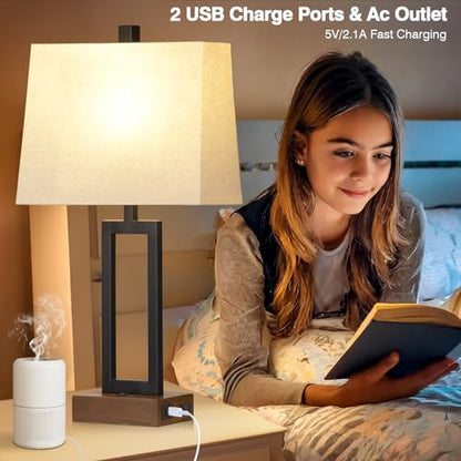 Lolikit Table Lamp for Bedroom Set of 2 with 2 USB Ports and AC Power Outlet, 23.5" Modern Bedside Lamp, Wood Nightstand Lamp with Linen Shade for Living Room Hotel Desk(LED Bulb Included) - color: Black