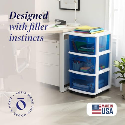 HOMZ Drawer Tower, 3-Tier Storage Cart with Removable Wheels, White Frame - color: White Frame/Blue Drawers, size: 1 Pack