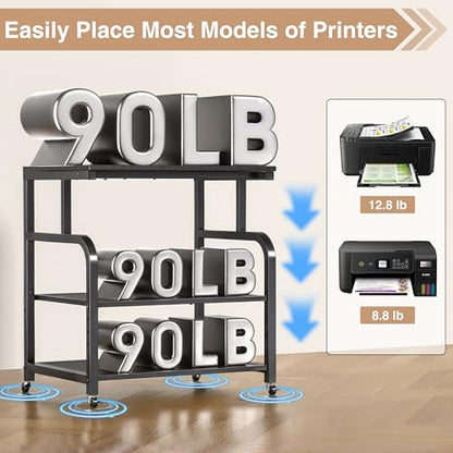 niffgaff Mobile Printer Stand with Large Desktop - 3 Tier Shelf, 24.4 Inch Height, Wooden Organizer for Home&Office, Black