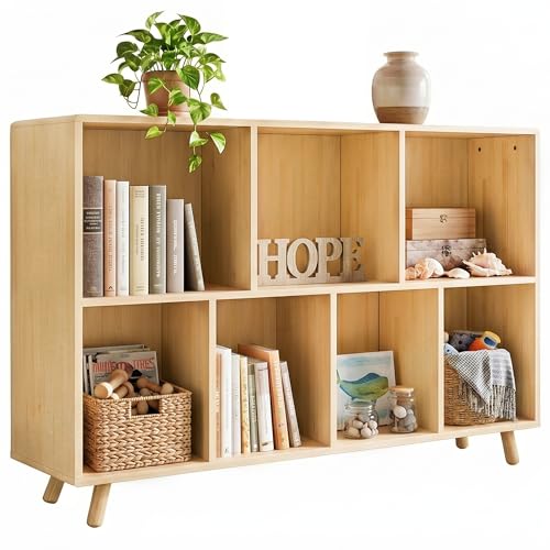 YZU 7-Cube Wood Bookshelf, 2-Tier Storage Organizer with Legs | Easy Assembly, 45" Wide Wooden Open Cube Bookcase For Living Room, Bedroom, Home Office(Natural Wood) - color: Natural Wood B