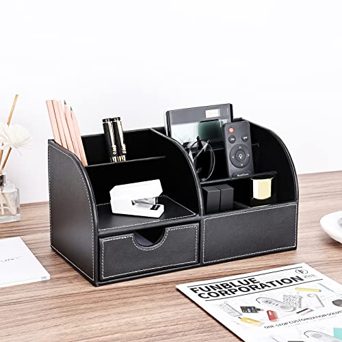 Pu Leather Desk Organizer Pen Pencil Holder Office Supplies Caddy Storage Box 6 Compartments with Drawer Black - color: Black