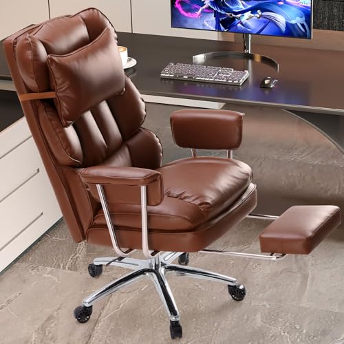 DUMOS Ergonomic Home Office Desk Chair, Executive Chair, PU Leather | Big Tall High Back, Lumbar Support, Reclining Height Adjustable, Computer Gaming, Footrest Swivel Wheels, Brown - color: Brown