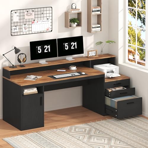 YOMILUVE Computer Desk with 3 Drawers & Storage Shelves, 65 Inch Home Office Desk with File Drawer & Cabinet, Writing Study Desks with Monitor Stand & Printer Shelf, Executive Desk, Brown and Black - color: Brown and Black