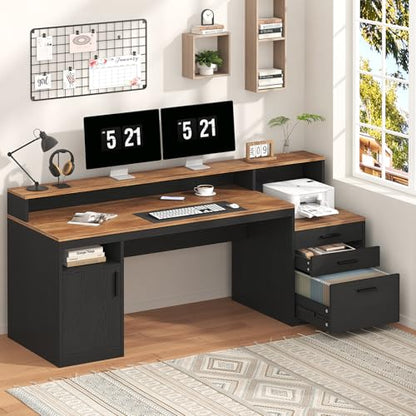 YOMILUVE Computer Desk with 3 Drawers & Storage Shelves, 65 Inch Home Office Desk with File Drawer & Cabinet, Writing Study Desks with Monitor Stand & Printer Shelf, Executive Desk, Brown and Black - color: Brown and Black