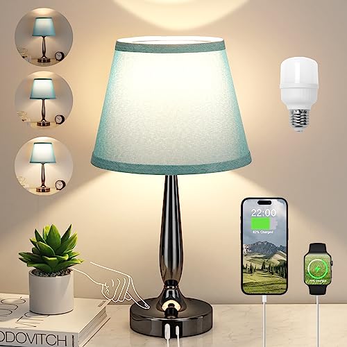 Touch Bedside Lamp for Bedroom with USB C Port, Small Touch Table Lamp with 2 USB Charging Ports, 3 Way Dimmable Nightstand Lamp for Living Room and Office - Turquoise Blue (LED Bulb Included) - color: Turquoise, size: 1 Pack