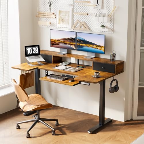 OffiGo 55 Inch U Shape Standing Desk, Keyboard Tray & Drawers, Rustic Brown - color: Rustic Brown With Drawers, size: 55 Inch
