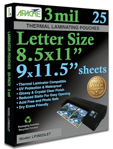 Apache Letter Size Laminating Pouches, 3 Mil, 25 Pack, Holds 8.5 x 11 Inch Projects (9 x 11.5 Inch Pouch Size), Thermal Laminator Compatible Laminating Sheets, Super Clear, Round Corners - size: 25 Pack, style: Letter
