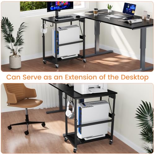 Snughome Oversized Computer Tower Stand with Extended Top & Charging Station, 25.2''-36.2'' Height-Adjustable PC Tower Stand, Rolling CPU Cart with Lockable Wheels for Office Home Gaming - size: 27.56" L x 15.75" W x 36.22"