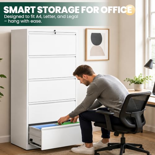 5 Drawer Lateral File Cabinet, Metal Filing Cabinet for Home Office, White | Heavy-Duty Steel Locking Large File Cabinet, Hanging Letter/Legal/A4 Size, Full-Extension Silent Drawer, Un-Assembly - color: White, size: 5 Drawers (35.43 in Width)