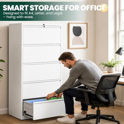 5 Drawer Lateral File Cabinet, Metal Filing Cabinet for Home Office, White | Heavy-Duty Steel Locking Large File Cabinet, Hanging Letter/Legal/A4 Size, Full-Extension Silent Drawer, Un-Assembly - color: White, size: 5 Drawers (35.43 in Width)