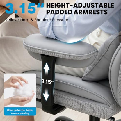ALLGOD Office Desk Chair, Big and Tall Executive Chair with Lumbar Support, High Back Computer Gaming Chair, PU Leather with Pocket Spring Cushion, Adjustable Armrests and Footrest, Grey - color: Lightgrey