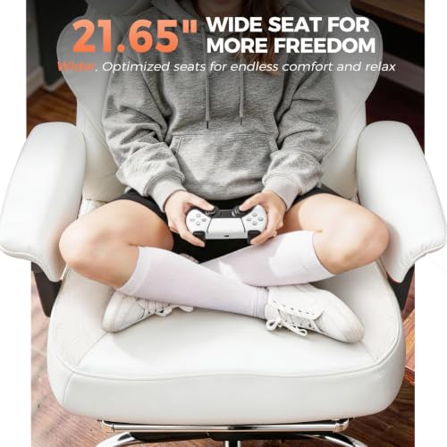 COMHOMA Big and Tall Office Chair with Upgrade Footrest, Heavy Duty Gaming Chair High Back Executive Chair with Spring Lumbar Support for Lower Back Pain Relief, 150°Reclining Adjustable Armrests - color: White