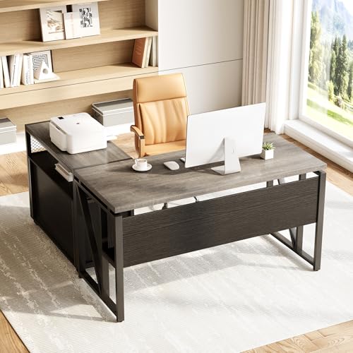 LITTLE TREE 55" Executive Computer Desk and Lateral File Cabinet, L-Shaped Office Desk for Home Office, Furniture Set, Grey - color: Grey+black